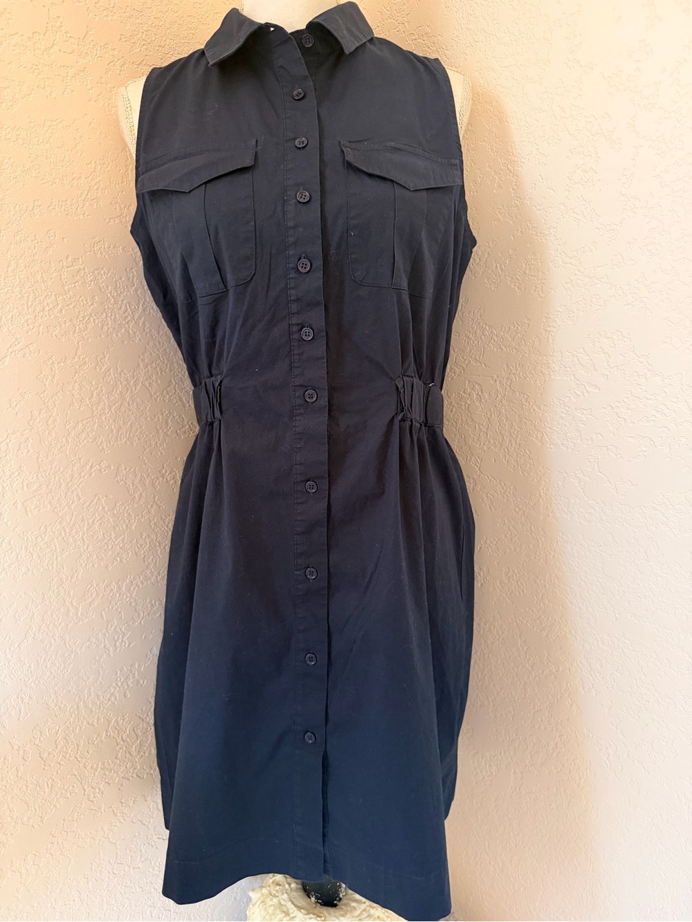 Sleeveless Button-Front Black Shirt Dress